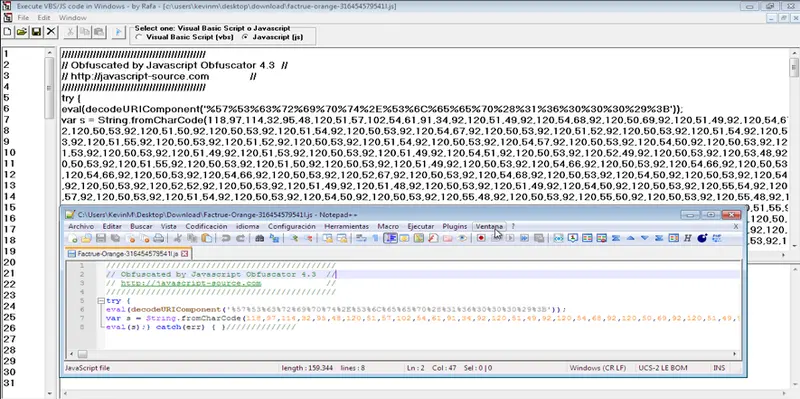 Herramienta Execute VBS/JS mostrando código Javascript ofuscado del script Factrue-Orange
