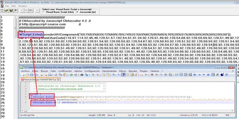 Mismo script con eval sustituido por WScript.Echo para revelar el código oculto