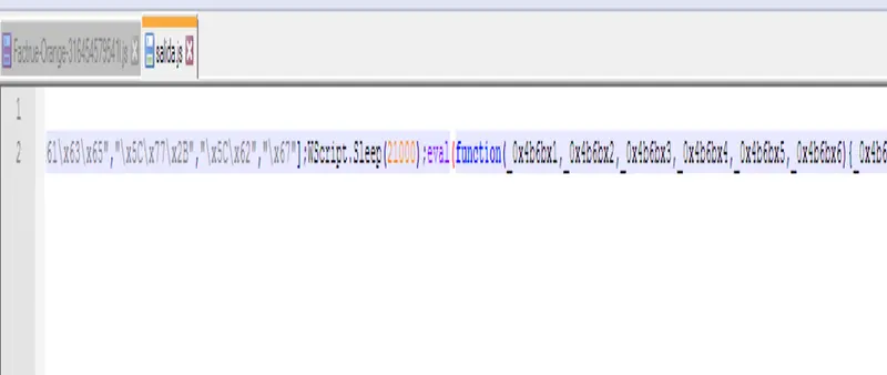 Notepad++ con el archivo salida.js mostrando una cadena codificada en hexadecimal con eval