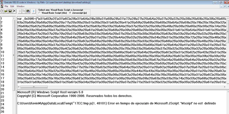 Execute VBS/JS mostrando el array hexadecimal y un error de Wscript no definido