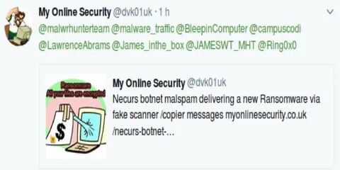 Tuit de My Online Security sobre el botnet Necurs distribuyendo ransomware con un icono de candado