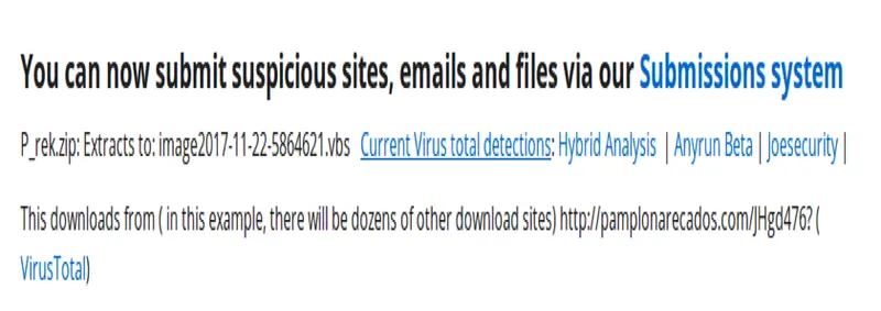 Texto explicando cómo el archivo P_rek.zip extrae un script VBS analizable en VirusTotal