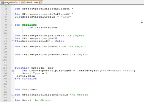 Código VBScript con nombres de variables ofuscados y una función que crea un objeto WScript.Shell