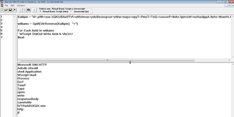 Herramienta Execute VBS/JS revirtiendo la cadena Kullipin para revelar comandos como savetofile y WScript.Shell