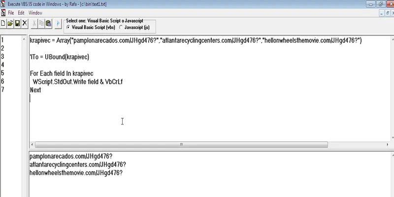 Editor de VBScript ejecutando un array con URLs maliciosas ofuscadas y su salida