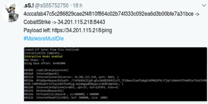 Tuit de MalwareMustDie con consola mostrando llamadas API de shellcode a Cobalt Strike
