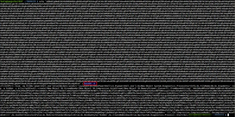 Bloque de código ofuscado en Base64 decodificado con un comando de PowerShell oculto