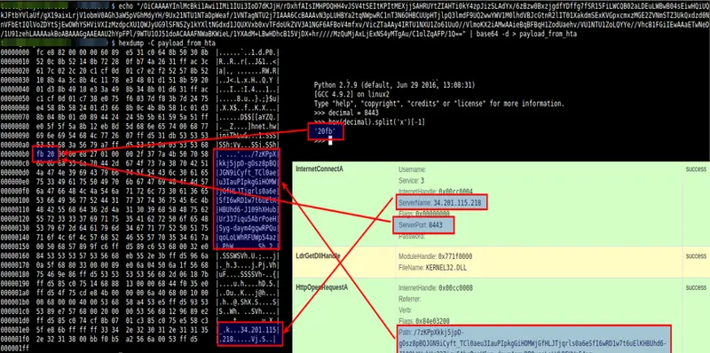 Volcado hexadecimal de la carga extraída junto a una traza de llamadas API como InternetConnectA