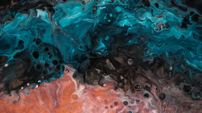 Textura abstracta de pintura fluida en tonos turquesa, negro y naranja