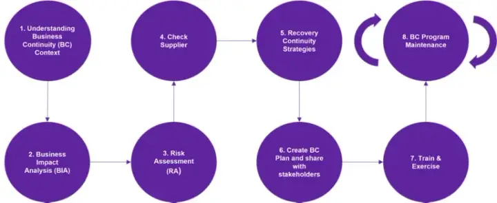 Diagrama circular con las ocho fases de un programa de continuidad de negocio