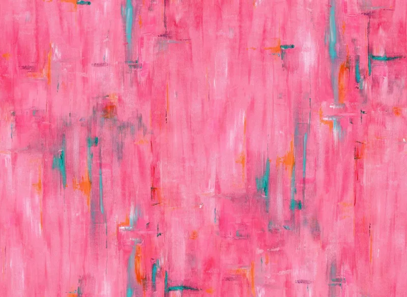 Imagen abstracta de trazos de pintura en rosa con detalles turquesa y naranja