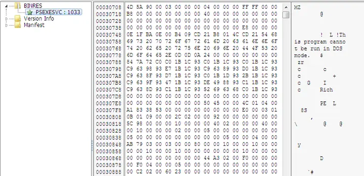 Editor de recursos mostrando en hexadecimal la cabecera MZ del binario PSEXESVC