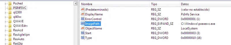 Editor del registro de Windows mostrando la clave PSINFSVC con ImagePath psexesvc.exe