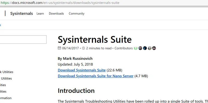 Página de documentación de Microsoft con el enlace de descarga de Sysinternals Suite