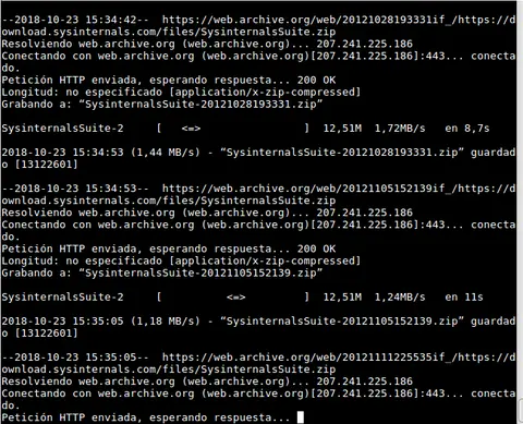 Terminal en español descargando con wget copias antiguas de SysinternalsSuite.zip desde web.archive.org