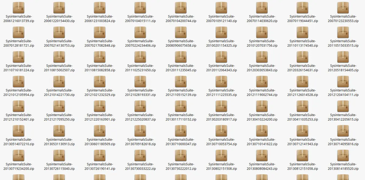 Explorador de archivos con decenas de ficheros SysinternalsSuite.zip descargados de distintas fechas