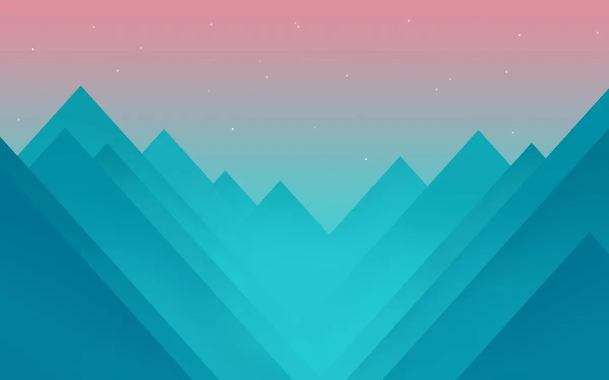 Ilustración vectorial de montañas triangulares en turquesa bajo un cielo rosado con estrellas