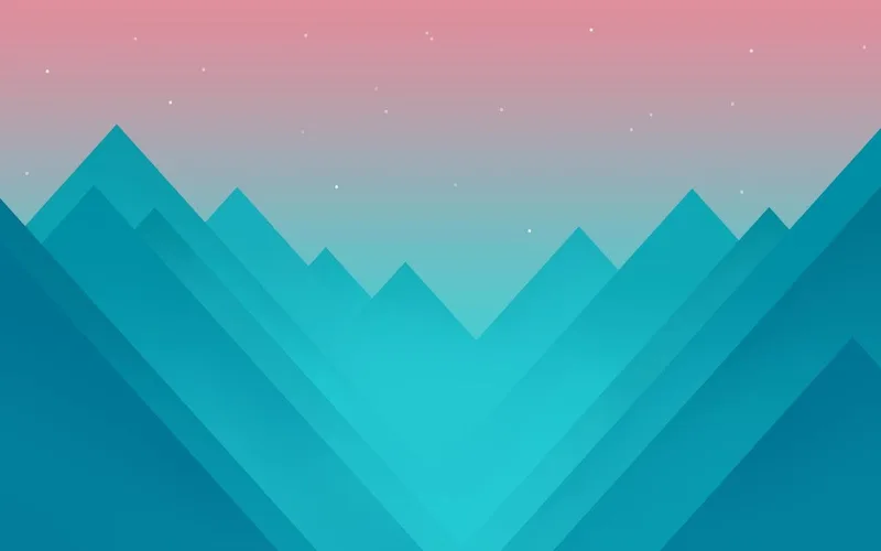 Ilustración vectorial de montañas triangulares en turquesa bajo un cielo rosado con estrellas