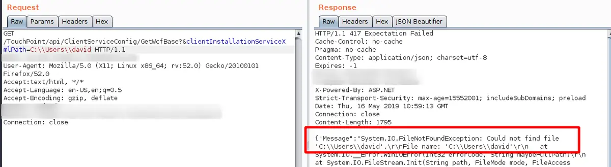 Petición y respuesta en Burp comprobando la ruta C:\Users\david inexistente en el servidor