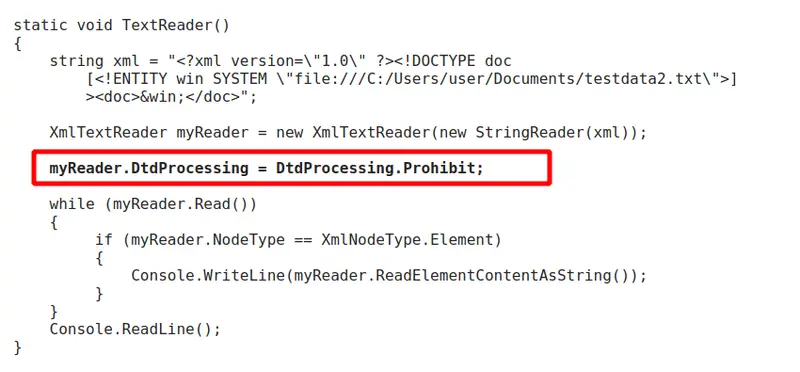 Código C# mostrando DtdProcessing.Prohibit como mitigación para XXE en XmlTextReader