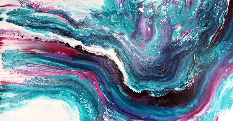 Ilustración abstracta de pintura fluida en tonos turquesa, morado y rosa