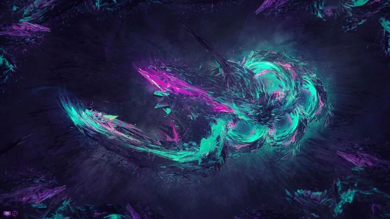 Ilustración abstracta de fragmentos de cristal turquesa y magenta girando en la oscuridad