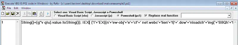 Herramienta de Rafa analizando una cadena IEX ofuscada del script malwareexample3.ps1