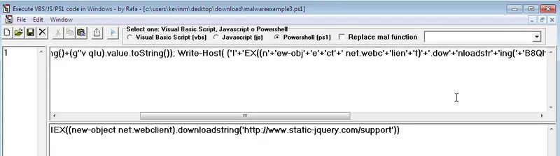Herramienta de Rafa revelando la descarga desde static-jquery.com en malwareexample3.ps1