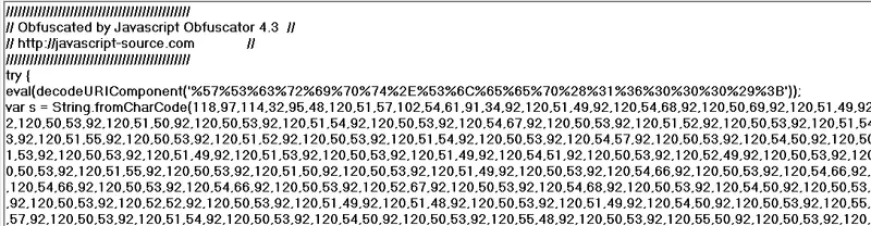 Código Javascript ofuscado con eval y decodeURIComponent generado por Javascript Obfuscator