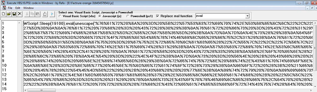 Captura de la herramienta de Rafa desglosando un payload JavaScript ofuscado en hexadecimal