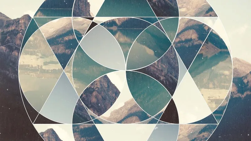 Collage geométrico de montañas con formas circulares y triangulares superpuestas