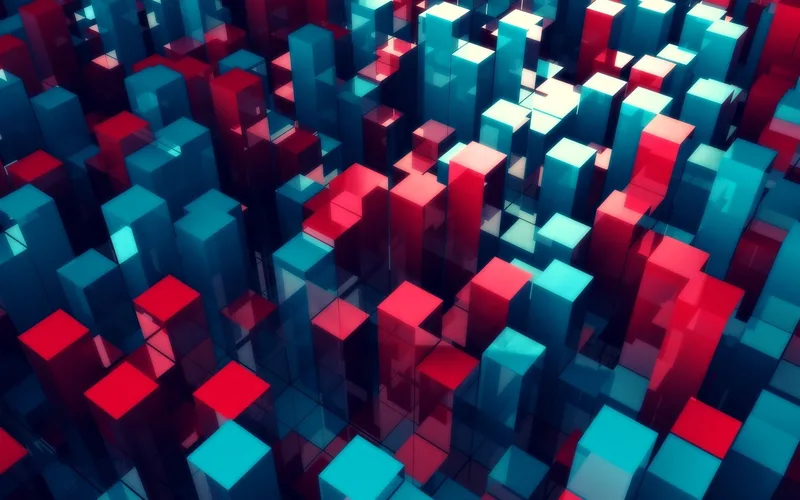 Renderizado abstracto de cubos rojos y turquesas simulando rascacielos digitales