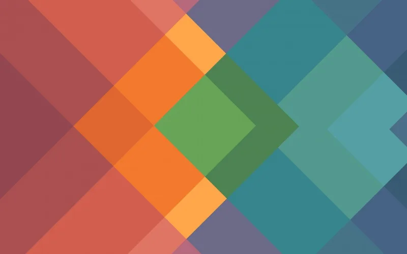Ilustración geométrica de rombos superpuestos en tonos naranja, verde y azul