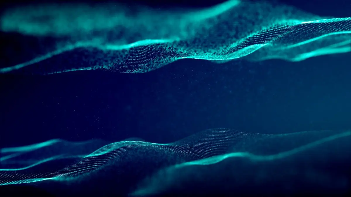 Imagen abstracta oscura con ondas de partículas turquesas como fondo destacado del artículo