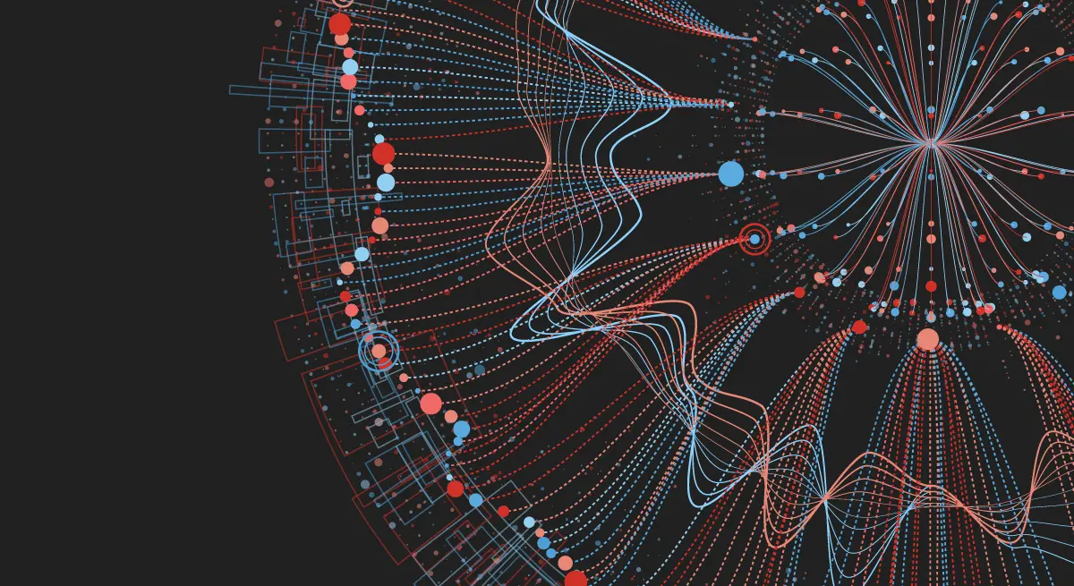 Visualización de datos abstracta con líneas rojas y azules radiales sobre fondo negro