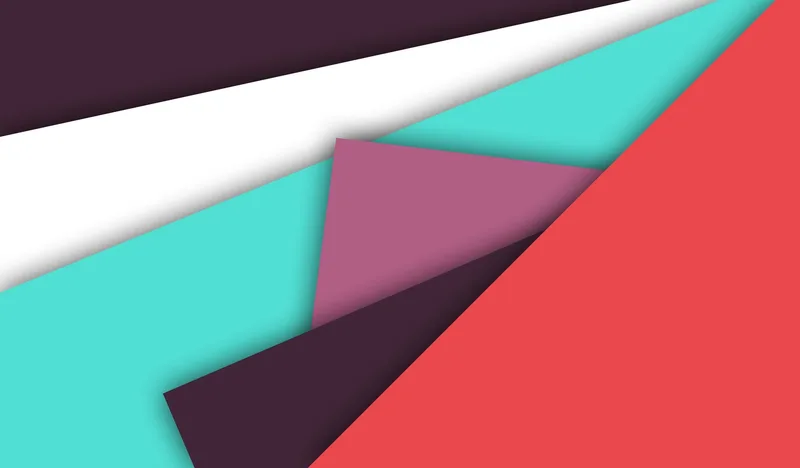 Ilustración abstracta de formas geométricas superpuestas en morado, turquesa, blanco y rojo