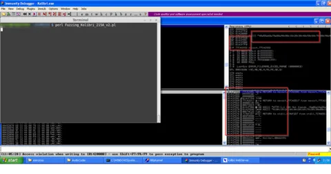 Immunity Debugger muestra un fallo de escritura en Kolibri.exe durante el fuzzing con Perl